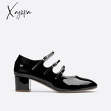 Xajzpa - Women Ornament Tabbed Straps Heeled Mary Janes Black / Eu 35 | Us 5