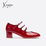 Xajzpa - Women Ornament Tabbed Straps Heeled Mary Janes Burgundy / Eu 35 | Us 5