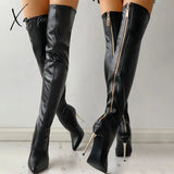 Xajzpa - Women Over The Knee Boots Female Zip Sexy Black Long Woman Thin Heel Ladies Pointed Toe