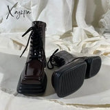 Xajzpa - Women Platform Boots Pu Leather Black Motorcycle Female Warm Fur Autumn Winter Shoes Woman