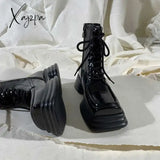 Xajzpa - Women Platform Boots Pu Leather Black Motorcycle Female Warm Fur Autumn Winter Shoes Woman