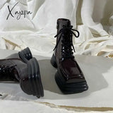 Xajzpa - Women Platform Boots Pu Leather Black Motorcycle Female Warm Fur Autumn Winter Shoes Woman