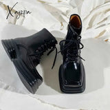 Xajzpa - Women Platform Boots Pu Leather Black Motorcycle Female Warm Fur Autumn Winter Shoes Woman