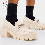 Xajzpa - Women Platform Loafers Slip On Chain Casual Apricot / 5 Loafers/Sneakers