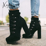 Xajzpa - Women Platform Rivet Ankle Boots Female Retro High Heels Autumn Fashion Sexy Lace-Up Pumps