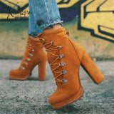 Xajzpa - Women Platform Rivet Ankle Boots Female Retro High Heels Autumn Fashion Sexy Lace-Up Pumps