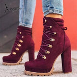 Xajzpa - Women Platform Rivet Ankle Boots Female Retro High Heels Autumn Fashion Sexy Lace-Up Pumps