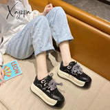 Xajzpa - Women Platform Sneakers Shoes Spring Lightweight Round Toe Chunky Lace Up Flat Skateboard