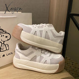 Xajzpa - Women Platform Sneakers Shoes Spring Lightweight Round Toe Chunky Lace Up Flat Skateboard