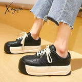 Xajzpa - Women Platform Sneakers Shoes Spring Lightweight Round Toe Chunky Lace Up Flat Skateboard