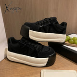 Xajzpa - Women Platform Sneakers Shoes Spring Lightweight Round Toe Chunky Lace Up Flat Skateboard