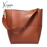 Xajzpa - Women Real Genuine Leather Tote Bag Black Bucket Handbags Female Luxury Famous Brands Ladies Shoulder Brown Bag