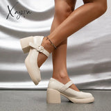 Xajzpa - Women Retro Style Chunky Heeled Mary Jane Shoes