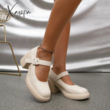 Xajzpa - Women Retro Style Chunky Heeled Mary Jane Shoes