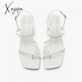 Xajzpa - Women\’S Sandals Narrow Band Belt Buckle Black White Solid Color Ladies Square Heel