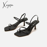 Xajzpa - Women\’S Sandals Narrow Band Belt Buckle Black White Solid Color Ladies Square Heel