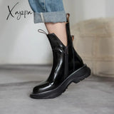 Xajzpa - Women Shoes Round Toe Platform Boots Genuine Leather Ankle For Cool Motorcycle Tooling