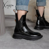 Xajzpa - Women Shoes Round Toe Platform Boots Genuine Leather Ankle Boots for Women Cool Motorcycle Boots Tooling Style Girls Boots