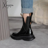 Xajzpa - Women Shoes Round Toe Platform Boots Genuine Leather Ankle For Cool Motorcycle Tooling