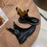 Xajzpa - Women Shoes Round Toe Platform Boots Genuine Leather Ankle For Cool Motorcycle Tooling