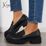 Xajzpa - Women Slip On Platform Loafers Round Toe Work Shoes Black / 5