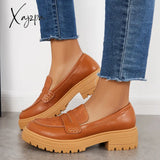 Xajzpa - Women Slip On Platform Loafers Round Toe Work Shoes Brown / 5
