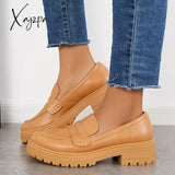 Xajzpa - Women Slip On Platform Loafers Round Toe Work Shoes Khaki / 5