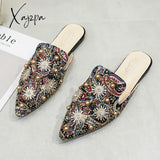 Xajzpa - Women Slippers Fashion String-Bead Pointed Rhinestone Rivet Flat Shoes Slip-On Mules