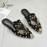 Xajzpa - Women Slippers Fashion String-Bead Pointed Rhinestone Rivet Flat Shoes Slip-On Mules