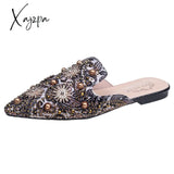 Xajzpa - Women Slippers Fashion String-Bead Pointed Rhinestone Rivet Flat Shoes Slip-On Mules