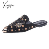 Xajzpa - Women Slippers Fashion String-Bead Pointed Rhinestone Rivet Flat Shoes Slip-On Mules