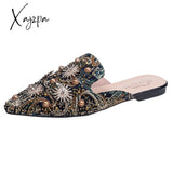 Xajzpa - Women Slippers Fashion String-Bead Pointed Rhinestone Rivet Flat Shoes Slip-On Mules