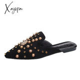 Xajzpa - Women Slippers Fashion String-Bead Pointed Rhinestone Rivet Flat Shoes Slip-On Mules