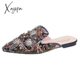 Xajzpa - Women Slippers Fashion String-Bead Pointed Rhinestone Rivet Flat Shoes Slip-On Mules