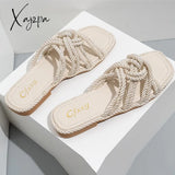 Xajzpa - Women Slippers Personality Hemp Rope Upper Design Flat Sandals Women Casual Solid Color Square Toe Hollow Flat Heel  Woman Shoes