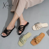 Xajzpa - Women Slippers Personality Hemp Rope Upper Design Flat Sandals Casual Solid Color Square