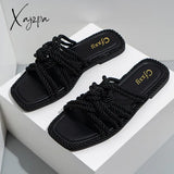 Xajzpa - Women Slippers Personality Hemp Rope Upper Design Flat Sandals Casual Solid Color Square