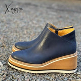 Xajzpa - Women Solid Color Wedge Ankle Boots Blue / 5