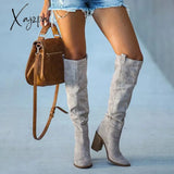 Xajzpa - Women Suede Knee High Boots Ladies Solid Pointed Toe Tall Retro Roman Heels Shoes Female