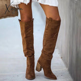 Xajzpa - Women Suede Knee High Boots Ladies Solid Pointed Toe Tall Retro Roman Heels Shoes Female