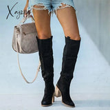 Xajzpa - Women Suede Knee High Boots Ladies Solid Pointed Toe Tall Retro Roman Heels Shoes Female