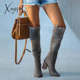 Xajzpa - Women Suede Knee High Boots Ladies Solid Pointed Toe Tall Retro Roman Heels Shoes Female