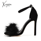 Xajzpa - Women Summer Sandals Fluffy Peep Toe Stilettos High Heels Fur Feather Lady Wedding Shoes