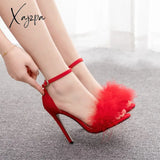 Xajzpa - Women Summer Sandals Fluffy Peep Toe Stilettos High Heels Fur Feather Lady Wedding Shoes