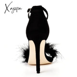 Xajzpa - Women Summer Sandals Fluffy Peep Toe Stilettos High Heels Fur Feather Lady Wedding Shoes