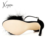 Xajzpa - Women Summer Sandals Fluffy Peep Toe Stilettos High Heels Fur Feather Lady Wedding Shoes