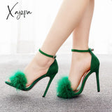 Xajzpa - Women Summer Sandals Fluffy Peep Toe Stilettos High Heels Fur Feather Lady Wedding Shoes