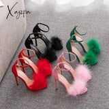 Xajzpa - Women Summer Sandals Fluffy Peep Toe Stilettos High Heels  Fur Feather Lady Wedding Shoes  Large Size 42