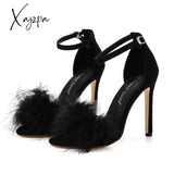 Xajzpa - Women Summer Sandals Fluffy Peep Toe Stilettos High Heels Fur Feather Lady Wedding Shoes