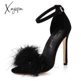 Xajzpa - Women Summer Sandals Fluffy Peep Toe Stilettos High Heels Fur Feather Lady Wedding Shoes